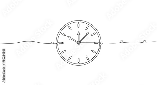Continuous line drawing of a clock, minimalist wall watch vector art, simple black and white time management concept for business and productivity