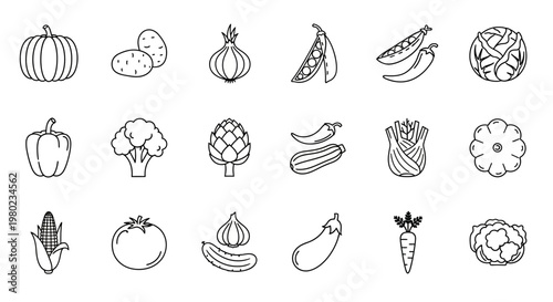 Collection of outline vector icons depicting a variety of fresh and healthy garden vegetables, perfect for nutrition guides, cooking blogs, or vibrant healthy lifestyle designs