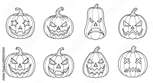 Spooky Halloween Jack-o'-Lantern Pumpkins Line Art Collection with Carved Eerie Faces for Festive Decoration and Seasonal Design Projects