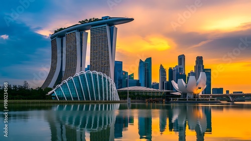 A dramatic photograph of Singapore's Marina Bay Sands and ArtScience Museum at sunset