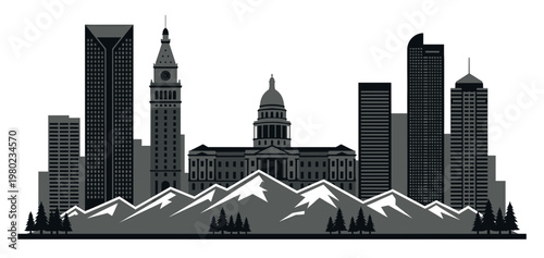 Denver skyline vector silhouette with detailed mountain range, pine trees, state capitol dome, clock tower, and modern downtown city buildings