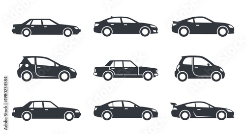 A diverse collection of black silhouette car icons, showcasing various vehicle types including sedans, hatchbacks, and sports cars, presented in a minimalist side profile view 