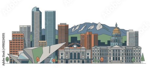 Detailed Denver skyline vector graphic with state capitol, majestic mountains, modern abstract architecture, classic station, and downtown city buildings