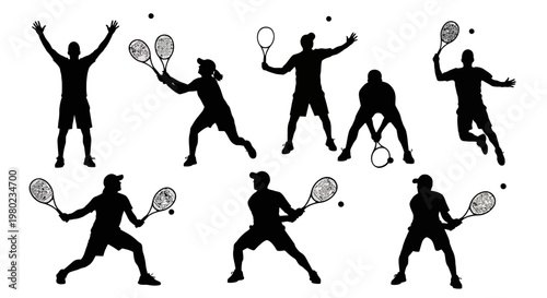 Dynamic Vector Collection of Tennis Player Silhouettes Capturing Various Action Poses and Energetic Movements for Sports-Themed Designs and Graphic Projects