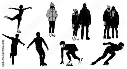 Diverse collection of black silhouettes showcasing various ice skating activities, featuring individuals engaged in figure skating, speed skating, and casual winter recreation