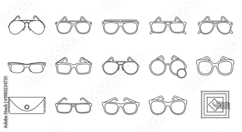 A diverse collection of outline illustrations showcasing various styles of eyeglasses and sunglasses, complemented by a glasses case and a postage stamp, perfect for design elements 
