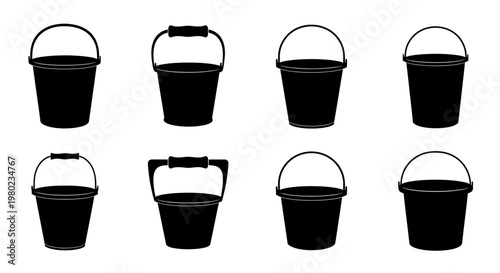 Collection of Simple Black Silhouette Buckets, Various Styles with Handles and Open Tops, Isolated on White Background, Graphic Design Elements