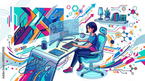 Woman sitting at computer desk.