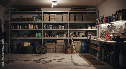 Organized garage workshop with shelves full of tools and supplies boxes