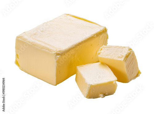 Photography Isolated creamy yellow dairy butter block with two perfectly cut cubes, for cooking or baking