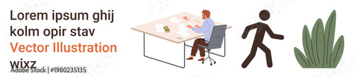 Workflow, productivity, office life, career journey, process management, nature. Office worker sitting at desk with papers walking figure and plant nearby. Workflow and productivity