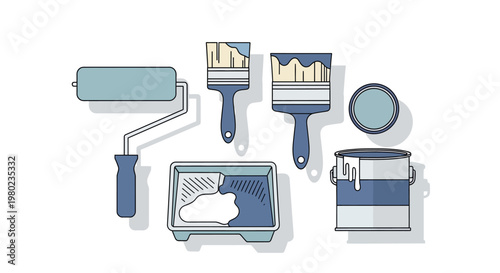 House Painting and Home Renovation Tools Set Illustration - Paint Roller, Brushes, Can, and Tray in Blue and Grey Tones