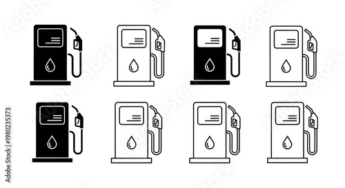 Collection of gas pump icons in black and white with nozzle and hose detail, representing fuel stations and service stations