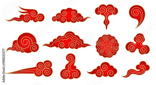 Collection of Traditional Chinese Red and Gold Cloud Vector Graphics - Decorative Elements for Design