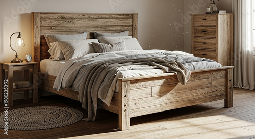 Rustic Wooden Bedroom with Light Gray Bed Linens and Wooden Nightstand