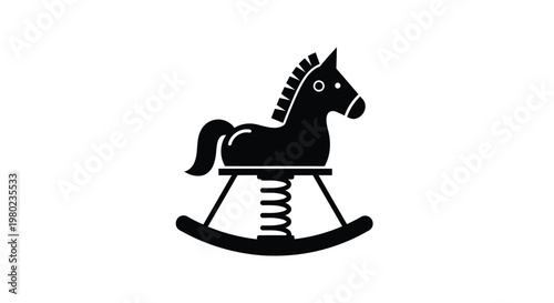A simple black silhouette depicts a classic rocking horse with a curved base and spring support