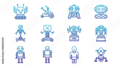 Diverse collection of modern robot vector illustrations featuring a variety of futuristic android and automation characters in vibrant gradient line art style, perfect for technology 