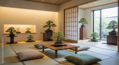 Traditional Japanese Room with Bonsai Trees and Tatami Mats wooden table cushions
