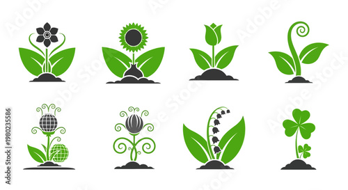 Collection of eight stylized plant and flower icons representing growth, nature, and organic elements