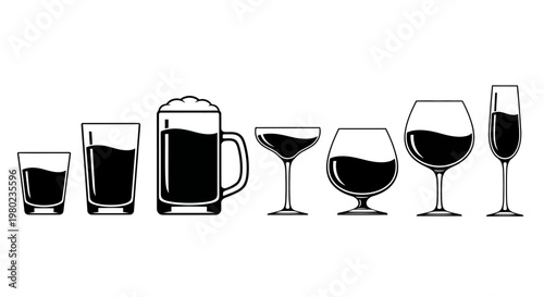 A comprehensive variety of drinking glass silhouettes, showcasing assorted barware essentials from shot glasses to champagne flutes, perfect for beverage-related designs and bar menus