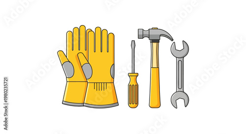 Set of Construction Hand Tools and Work Gloves Vector Illustration: Hammer, Screwdriver, and Wrench on White Background