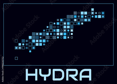 Hydra digital style map. Large square dots on dark background. Dotted shape of the island. Hydra map and title. Creative vector illustration.