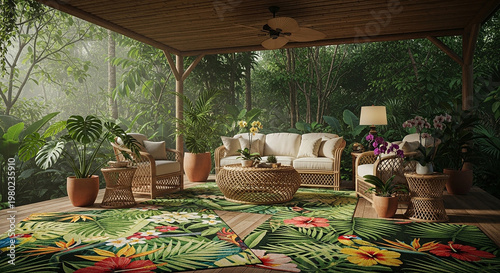Tropical patio with wicker furniture and colorful rug surrounded by lush greenery