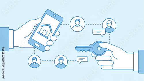 Hands exchanging a smartphone and key with connected people icons