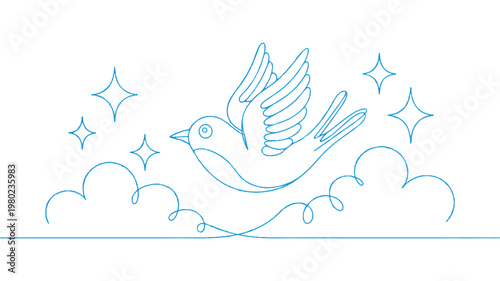 A minimalist line art illustration of a bird flying amidst sparkling stars and clouds