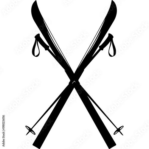 Black ski equipment, crossed skis, ski bindings, winter sports gear, isolated vector icons