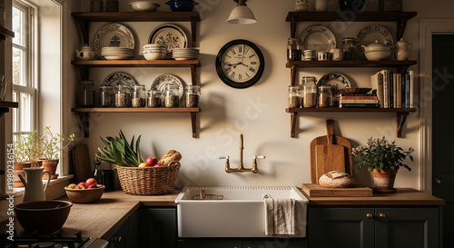 Vintage kitchen with white sink and wooden shelves displaying dishes and jars