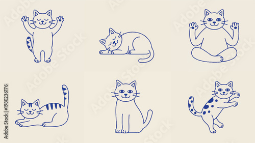 Six minimalist line art illustrations of cats in various yoga poses are shown