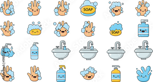 Cute Hand Washing Cartoon Icon Set with Soap Bubbles Hygiene Characters Bathroom Sink Cleaning and Sanitation Vector Illustration Collection