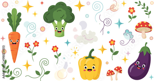 Cute Vegetable Cartoon Characters Set with Broccoli Carrot Pepper Eggplant Mushroom and Floral Decorative Elements Vector Illustration Collection