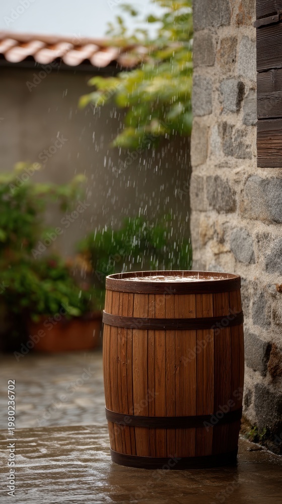 Fototapeta premium Rustic Wooden Barrel with Rainwater Under a Stone Wall in Charming Garden Setting