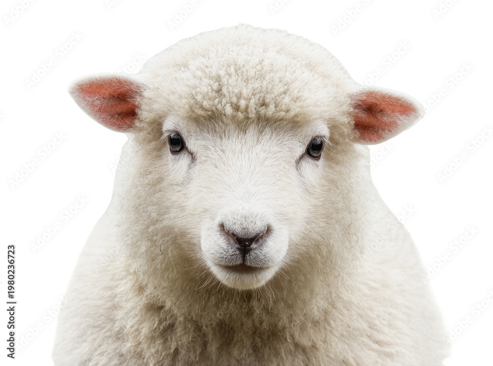 Fototapeta premium Isolated cute fluffy baby lamb portrait looking directly at camera with thick wool