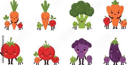 Cute Vegetable Character Set with Happy Cartoon Carrots Broccoli Tomato Eggplant and Radish Fun Food Illustration Collection