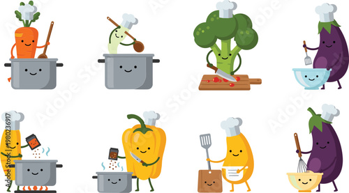 Cute Vegetable Cooking Cartoon Characters Set with Chef Broccoli Carrot Pepper Eggplant Preparing Food Kitchen Scenes Vector Illustration Collection