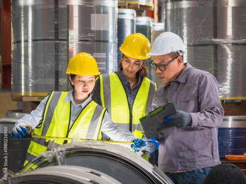 Diverse group industrial engineer in hard hat safety vest measuring steel coils and checking data on clipboard ensuring quality control and manufacturing standards in heavy metal warehouse facility.