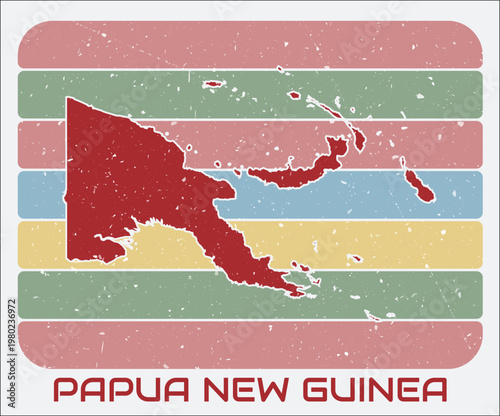 Papua New Guinea vintage logo. Shape of the country on retro colored stripes background. Papua New Guinea map design with grunge scratch texture. Vector illustration.