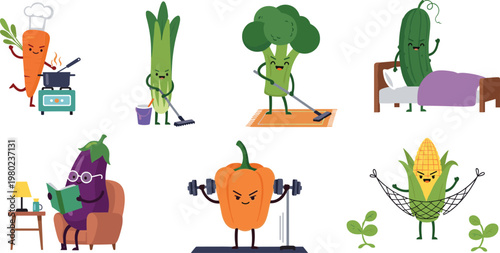 Cute Vegetable Daily Life Cartoon Characters Set with Funny Food Cleaning Cooking Sleeping and Household Activity Scenes Vector Illustration Collection