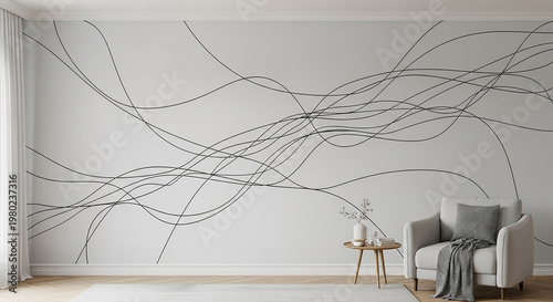 Abstract black line on white wall with gray armchair and side table black lines
