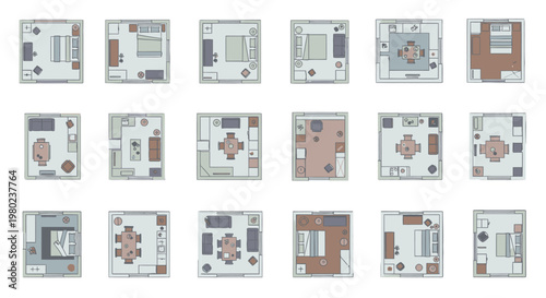 Collection of various house and apartment floor plans with different layouts.