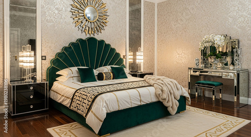 Bedroom with Green Velvet Bed and Gold Accents mirror wallpaper