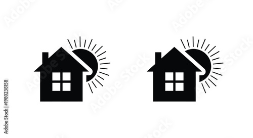 Simple black and white illustration depicting two houses with sunbursts above them symbolizing home and daylight