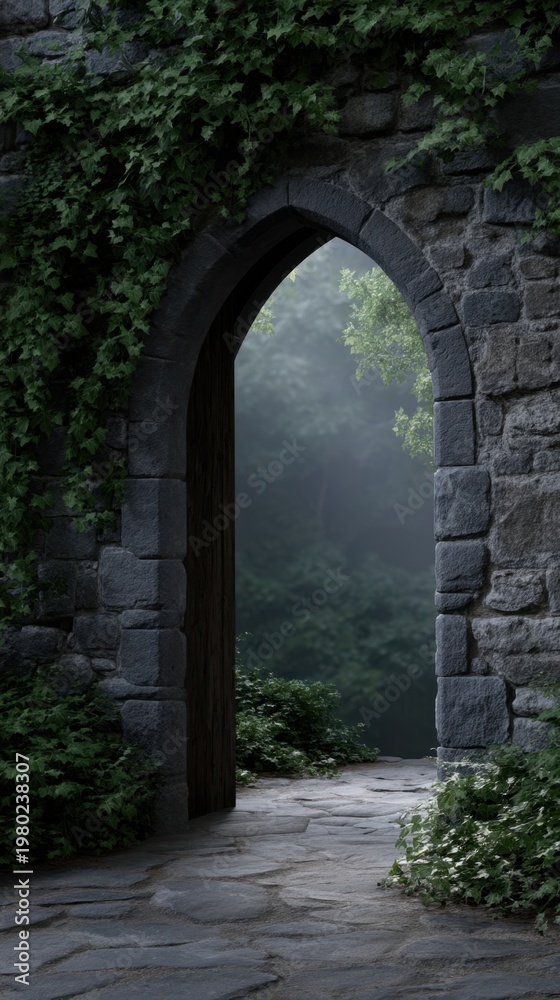 Fototapeta premium Ancient Stone Archway Covered in Ivy Leading to Misty Forest Pathway