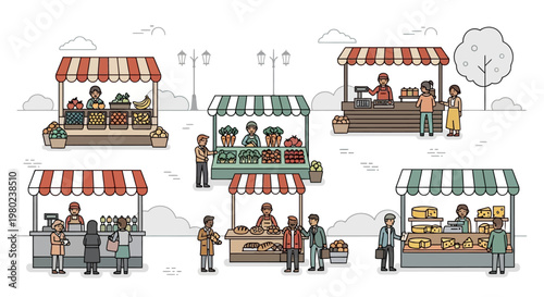 People buying food at market stalls.