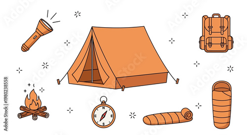 Camping gear and equipment illustration set.