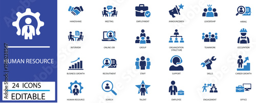 Human Resource Icon Set. Vector Glyph Icons for Meeting, Recruitment, Employee Care and Talent Management,Collaboration, Teamwork more.Solid vector icons collection.