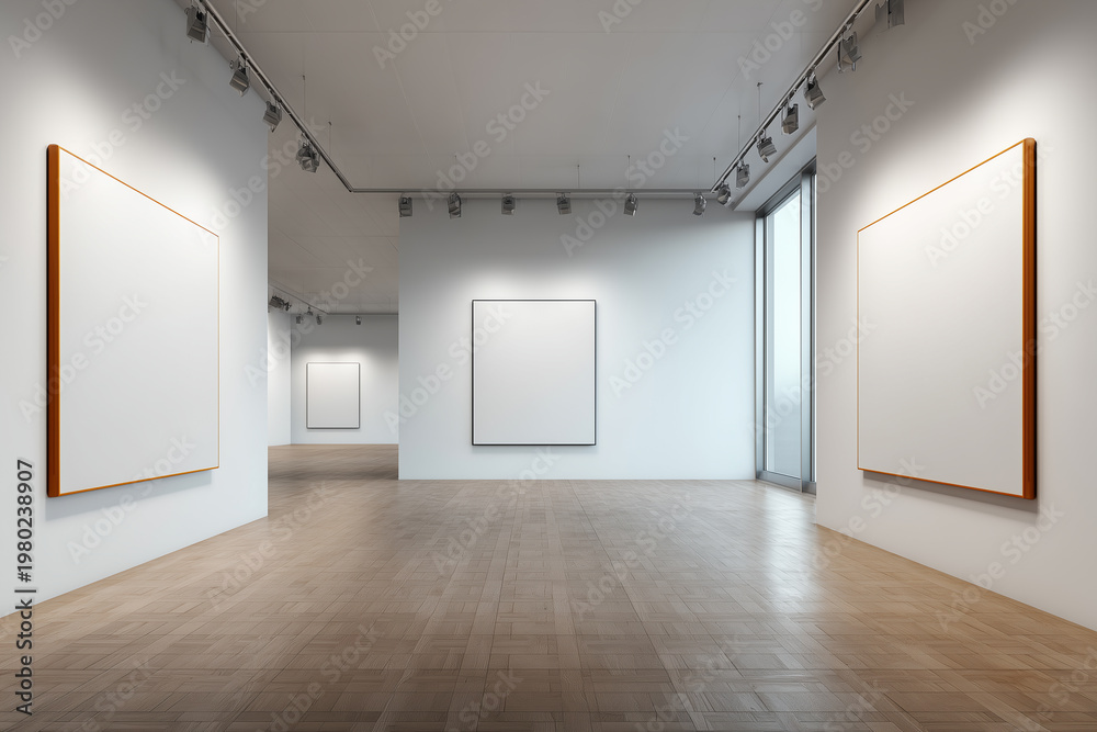 Fototapeta premium Gallery interior mockup featuring empty poster frames and canvas stretched on the wall.